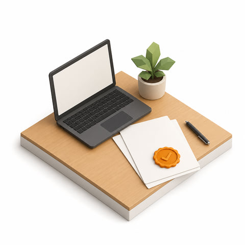 Illustration: Laptop und Antragsunterlagen mit Genehmigungs-Siegel