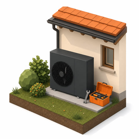 Illustration: Wärmepumpe auf Fundament mit Werkzeugkoffer — Einbau