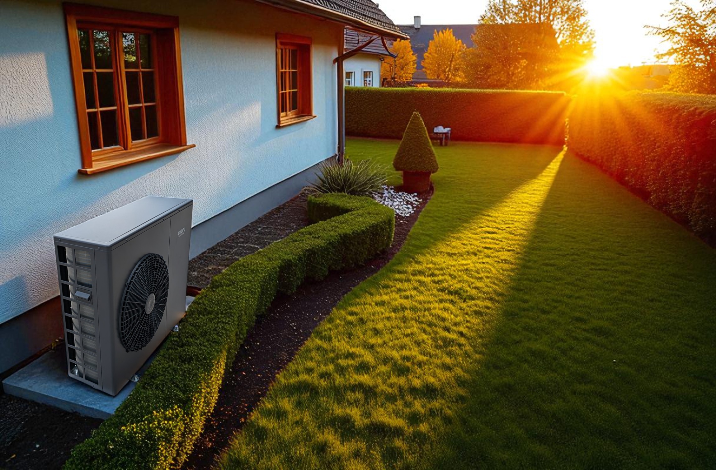 Chofu Wärmepumpe kompakt neben einem Haus
