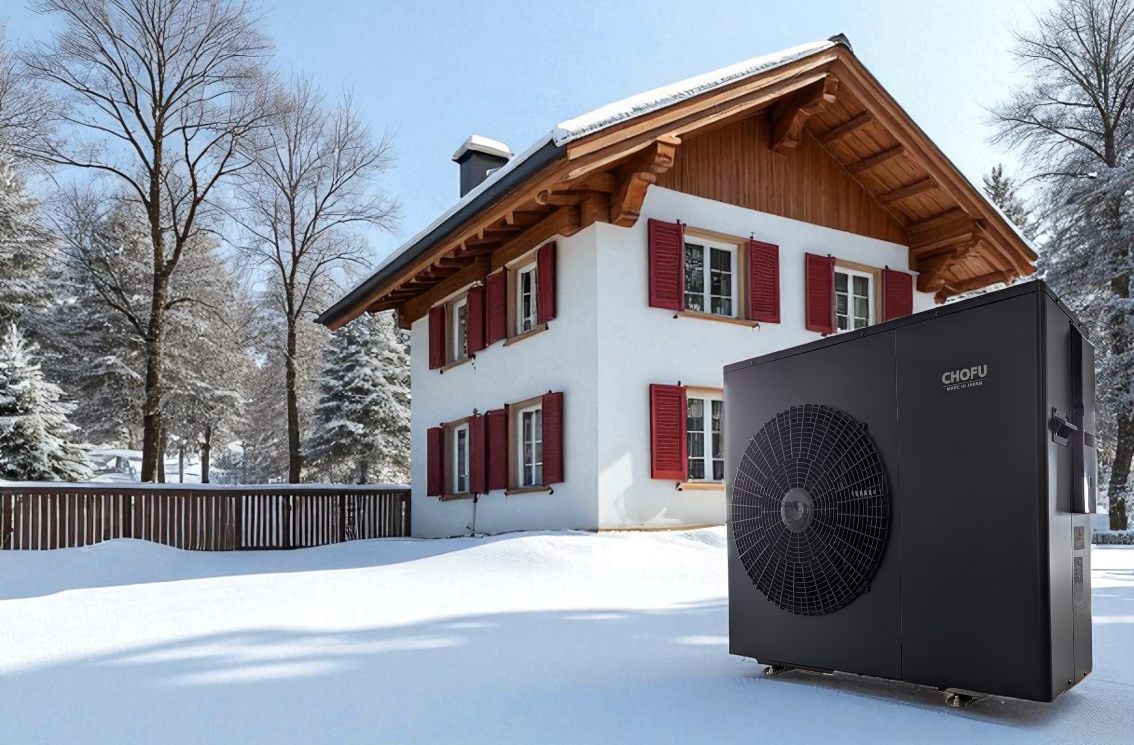 Chofu R290 Wärmepumpe vor Alpenchalet im Winter